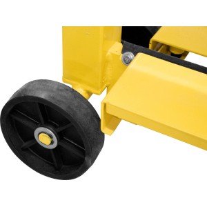 Detailaufnahme des Güde Steinknackers GSK 140/420 mit gelbem Rahmen und schwarzem Rad.