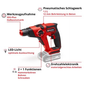 Roter Einhell Akku-Bohrhammer TE-HD 18/12 Li-Solo mit Akku. Ideal zum Bohren und Hammerbohren.