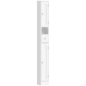 Weißer, schlanker HOMCOM MDF Badezimmerschrank mit zwei Türen, offener Ablage, Schublade und goldfarbenen Knöpfen.