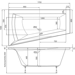 Technische Zeichnung der Eckbadewanne Galia I, 1700x1000x655 mm, linke Ausführung mit Maßangaben.