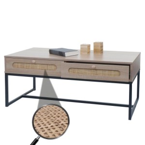 Couchtisch M41 mit Rattan-Schubladenfronten und Stahlgestell. Wohnzimmertisch mit zwei Schubladen.