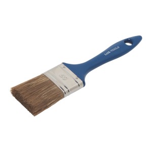 LUX Flachpinsel Lasuren 50 mm mit blauem Griff und braunen Borsten.