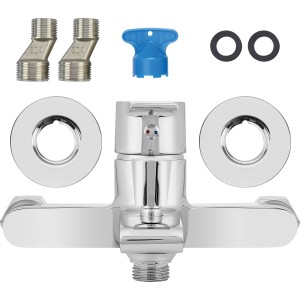 Wannenarmatur Bisenzio in Chrom-Optik mit Zubehör für die Installation.