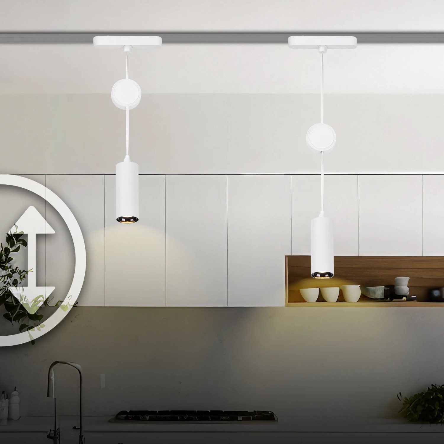 Weiße, höhenverstellbare Brilo Luxtrail LED Pendelleuchte für Schienensysteme mit warmweißem Licht.