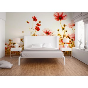 Fototapete Blumenwiese Vintage Rosa Rot Weiß im Schlafzimmer, 3,50x2,55m
