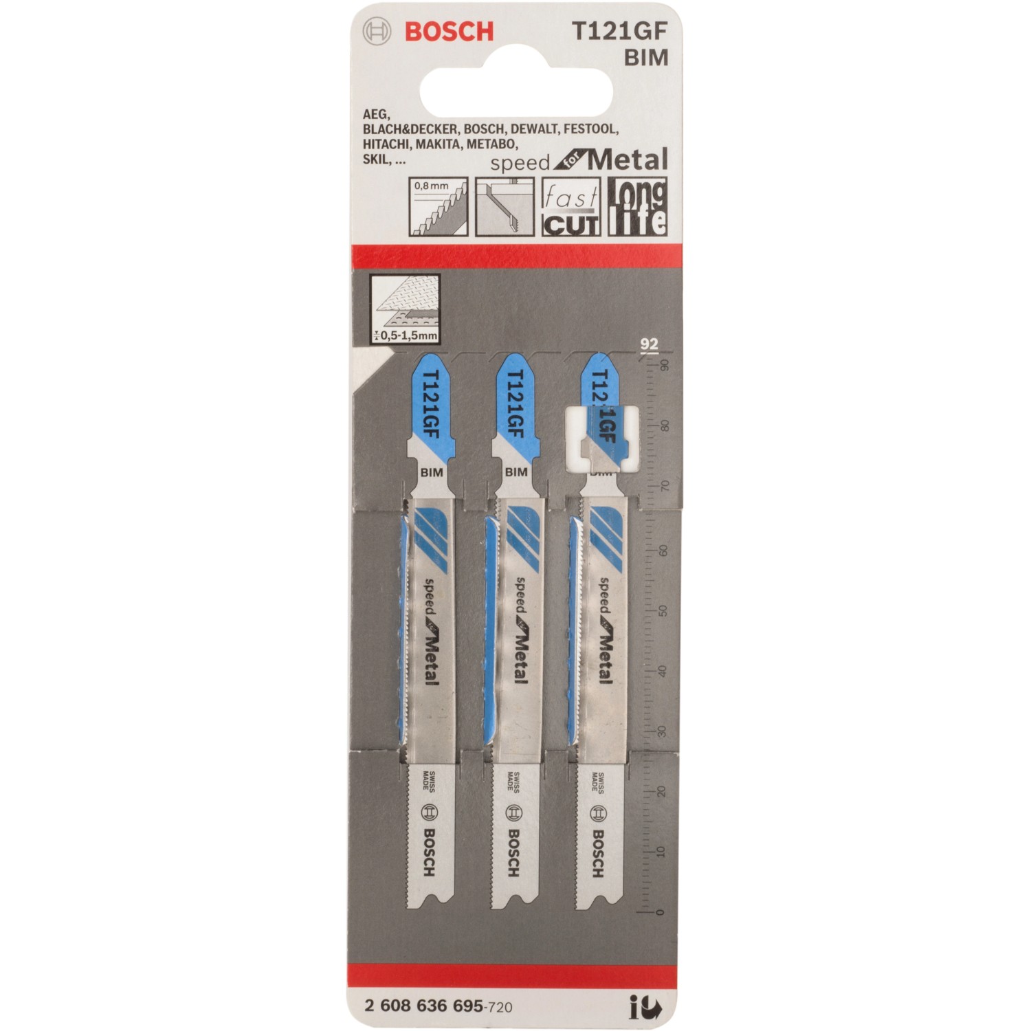 Bosch Stichsägeblatt T 121 GF, 3 Stück, für schnelle Schnitte in Metall bis 1,5mm Stärke.