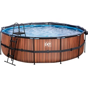 EXIT Wood Pool, braun, ø 488 cm, mit Leiter, Abdeckung und Wärmepumpe.