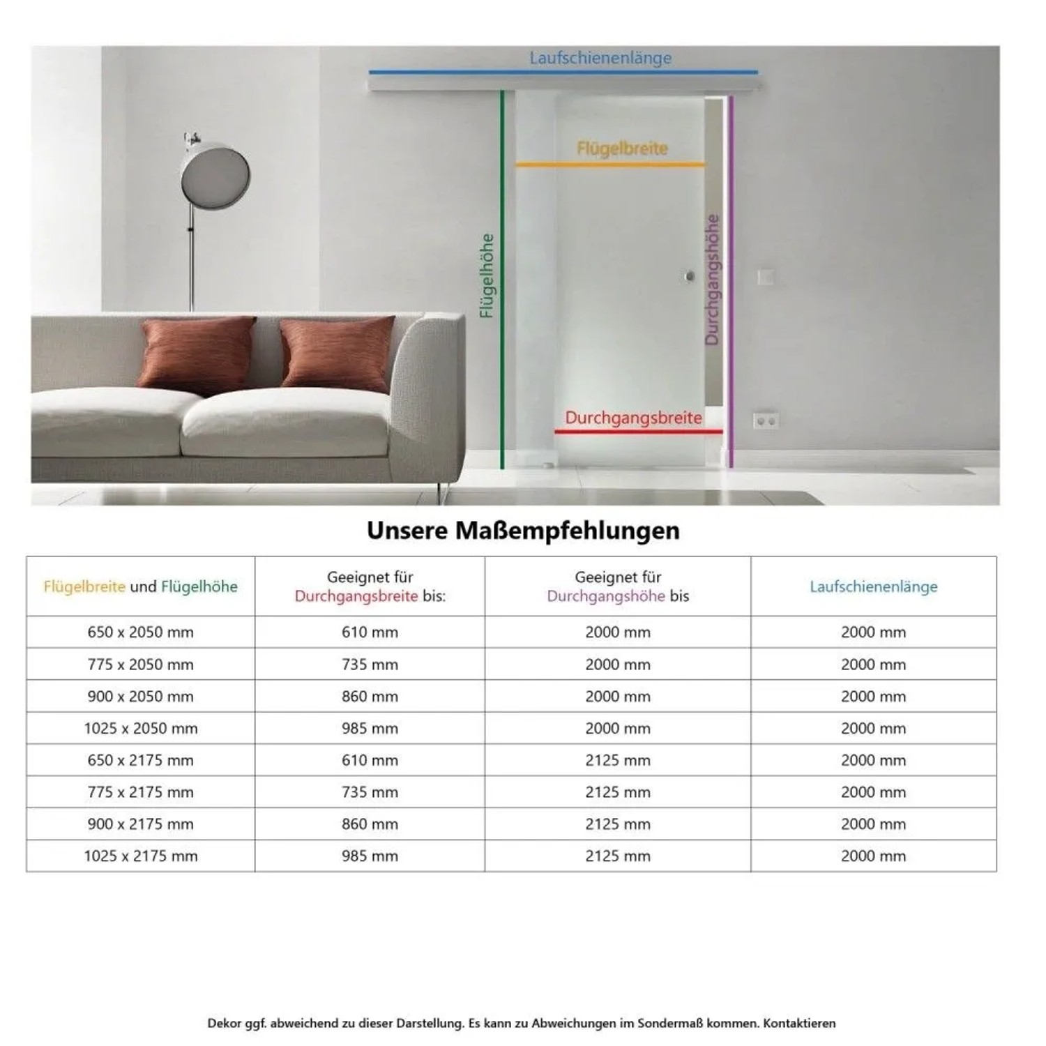 Levidor Glasschiebetür Frankfurt Schwarz im Wohnzimmer. Maße und Größentabelle für die Planung der Schiebetür.