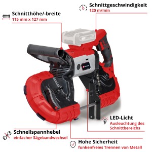Einhell Akku-Bandsäge TE-MB 18/127 Li-Solo: Rote und schwarze Bandsäge mit Akku. Funkenfreies Trennen von Metall.