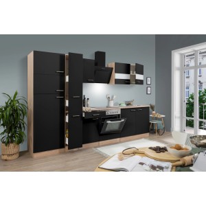 Respekta Küchenzeile KB300ESSCGKE 300 cm Schwarz-Eiche Sägerau Nachbildung