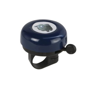 Blaue Fischer Kinder Fahrradglocke mit Schaf Motiv und schwarzer Halterung.