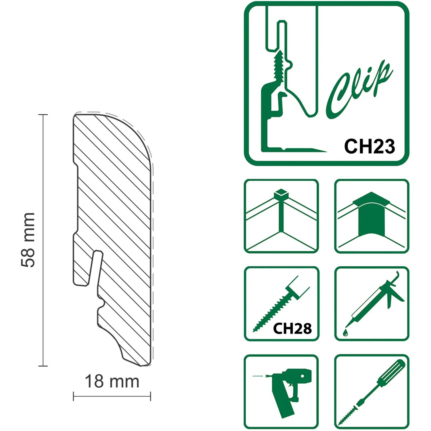 Zeichnung einer weißen FN Neuhofer Sockelleiste L0144L aus Kiefernholz mit Clip-System.