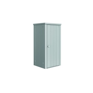 Silber-metallischer Biohort Geräteschrank aus Metall. Robuster Gartenschrank für Gartenutensilien.