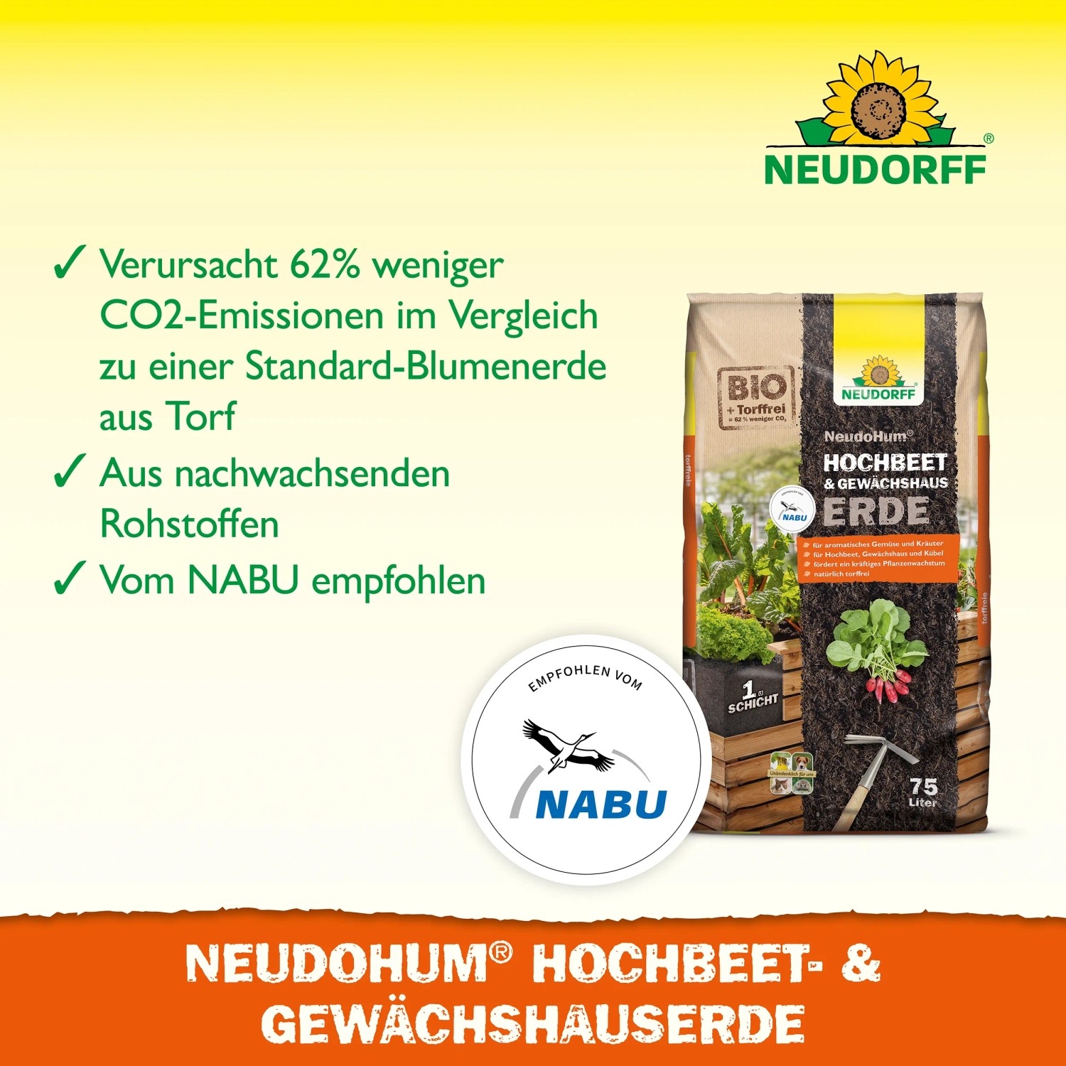 Neudorff NeudoHum Hochbeet- und Gewächshaus Erde, 75 l Sack. Torffreie Erde für Gemüse und Kräuter.