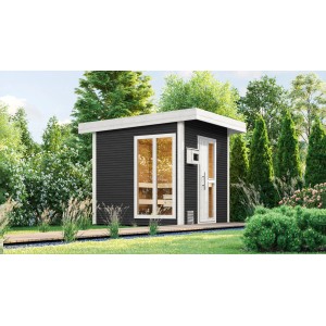 Modernes, anthrazitfarbenes Weka Design-Saunahaus Kuopio 1 mit Fenster und Tür im Garten.