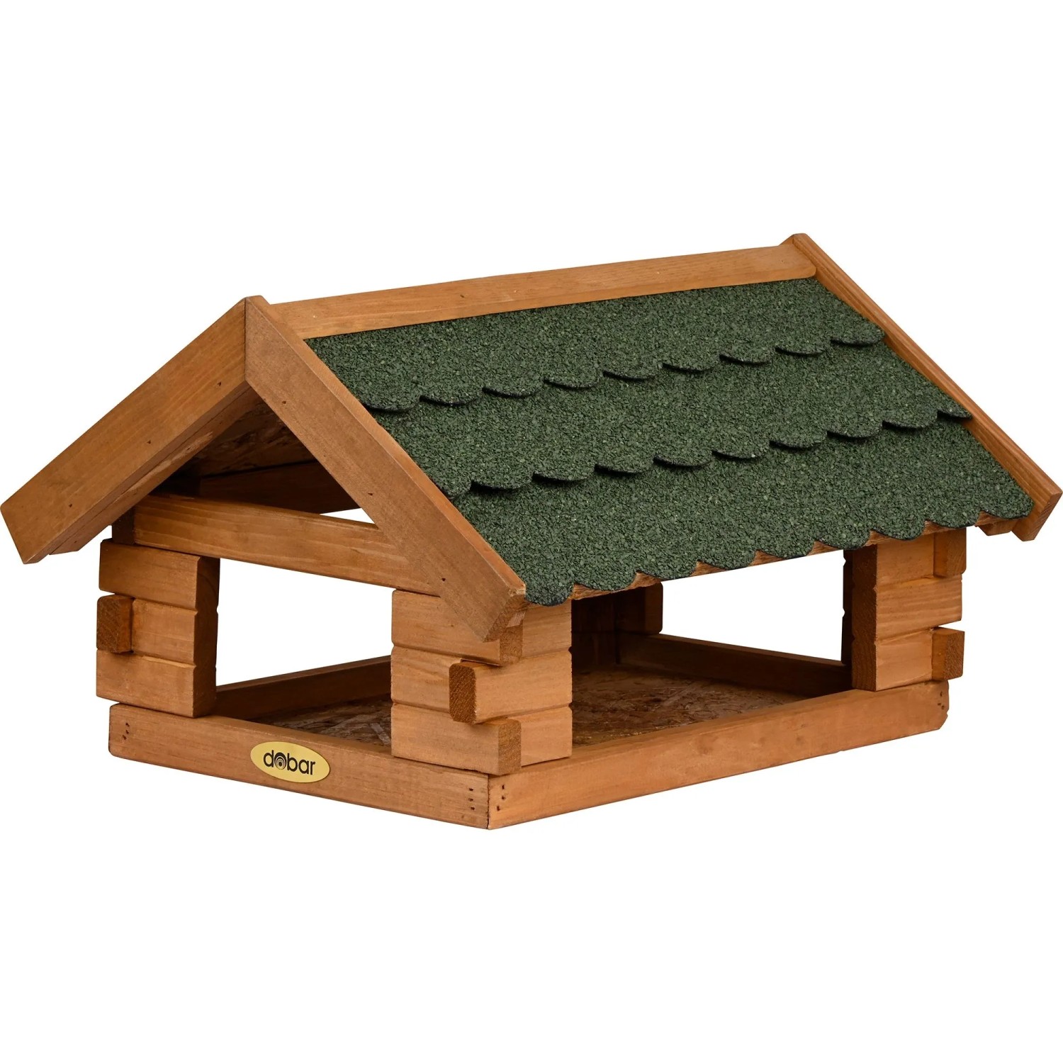 Dobar Blockhaus Vogelhaus aus braunem Kiefernholz mit grünem Bitumendach. Robustes Futterhaus, 38x31x23 cm.