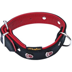 Schwarzes Heim Hundehalsband mit roten Pfoten-Motiven, 22 mm breit und 35 cm lang.