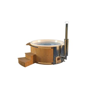 Finntherm Holz Badefass Stockholm Thermoholz, Ø 180 cm, mit Treppe und Edelstahl Ofen.