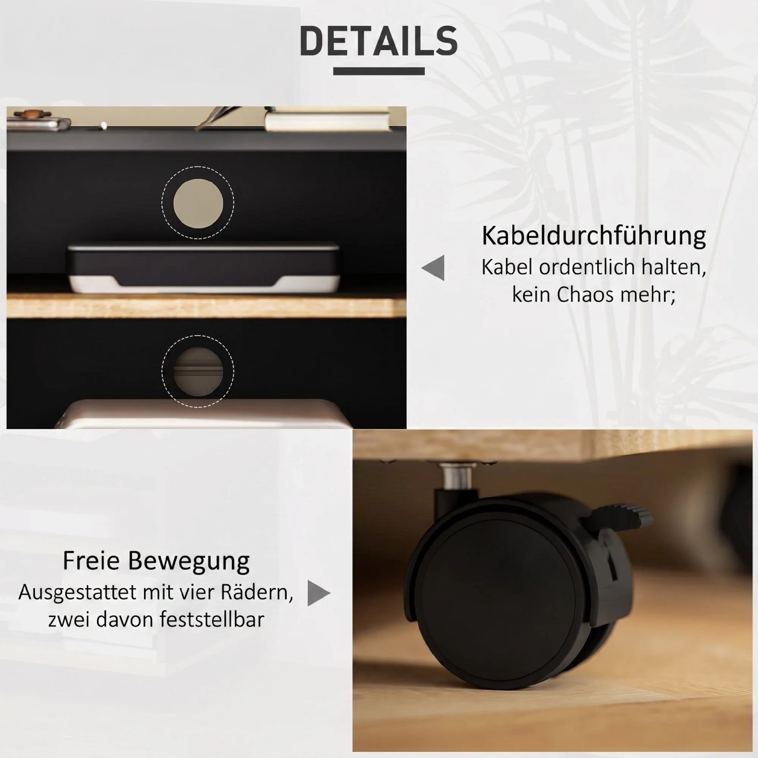 HOMCOM TV-Board: Kabeldurchführung für ordentliche Kabel und feststellbare Rollen für flexible Positionierung des TV-Schranks.