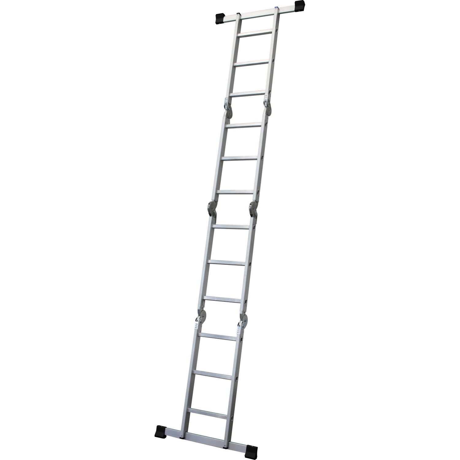 Vierteilige Mehrzweckleiter aus Aluminium mit 12 Sprossen und Arbeitsplattform.