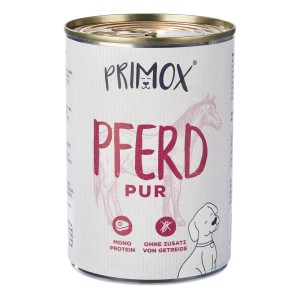 Primox Hunde-Nassfutter Pferd Pur, Monoprotein für sensible Hunde. Dose mit Pferde-Motiv.