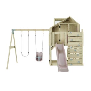 Holz-Spieltürm mit Rutsche, Kletterwand und Babyschaukel in Altrosa.