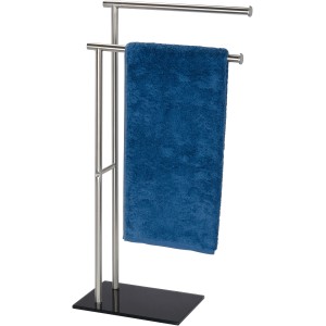 Wenko Handtuchständer Lima aus Edelstahl mit blauem Handtuch und schwarzem Glasfuß.