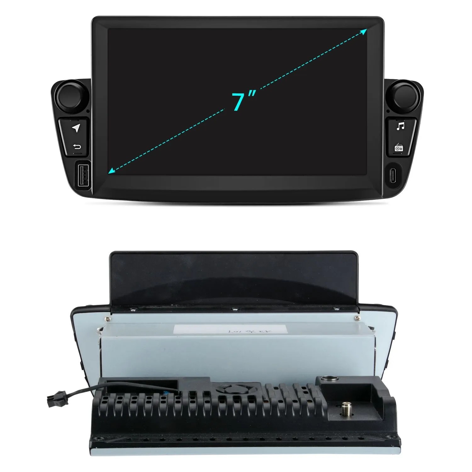 Junsun 7 Zoll Autoradio, schwarz, mit Touchscreen und Bedienelementen. Vorder- und Rückansicht des Geräts für PEUGEOT, Citroen, Toyota.