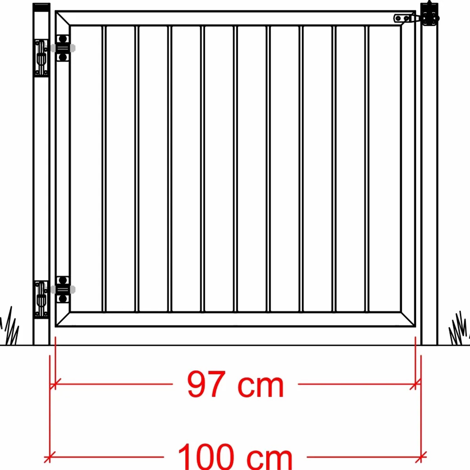 Schwarzes Gartentor Basic aus Stahl, 100x85 cm, mit senkrechten Stäben und Beschlägen.