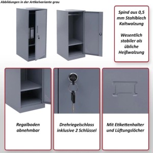 Grüner MCW Spind P63: Büroschrank aus Stahlblech mit Regalboden, Kleiderstange und Drehriegelschloss.