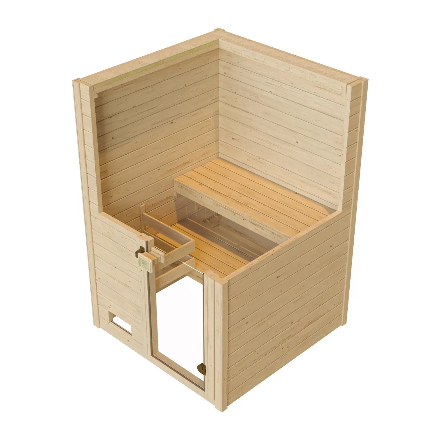 Weka Massivholzsauna Valida ohne Ofen, Fichte natur, mit Glastür und Sitzbänken.