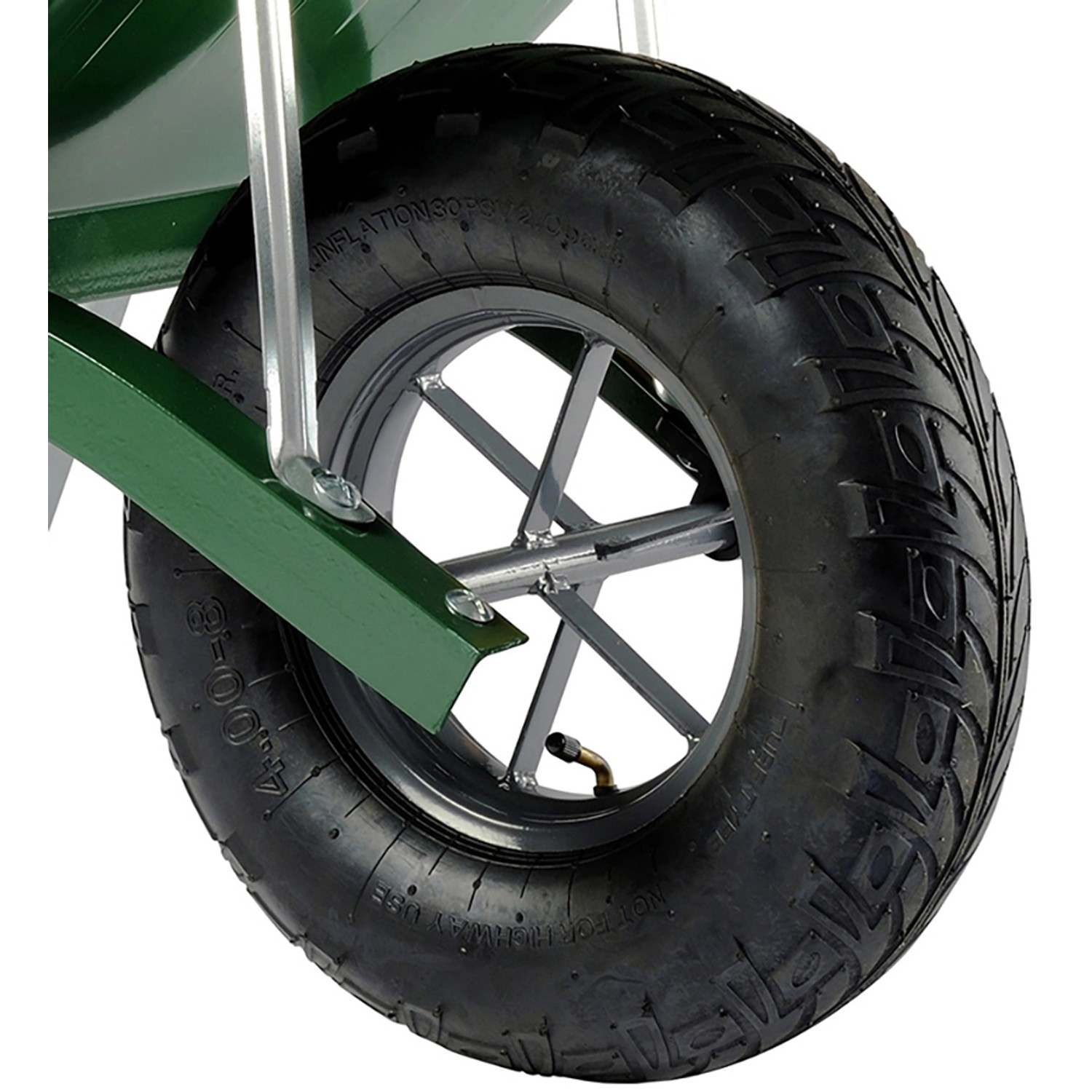 Detailaufnahme Rad der Haemmerlin Schubkarre Pro Select 90 l, Baukarre mit verstärkter Mulde.