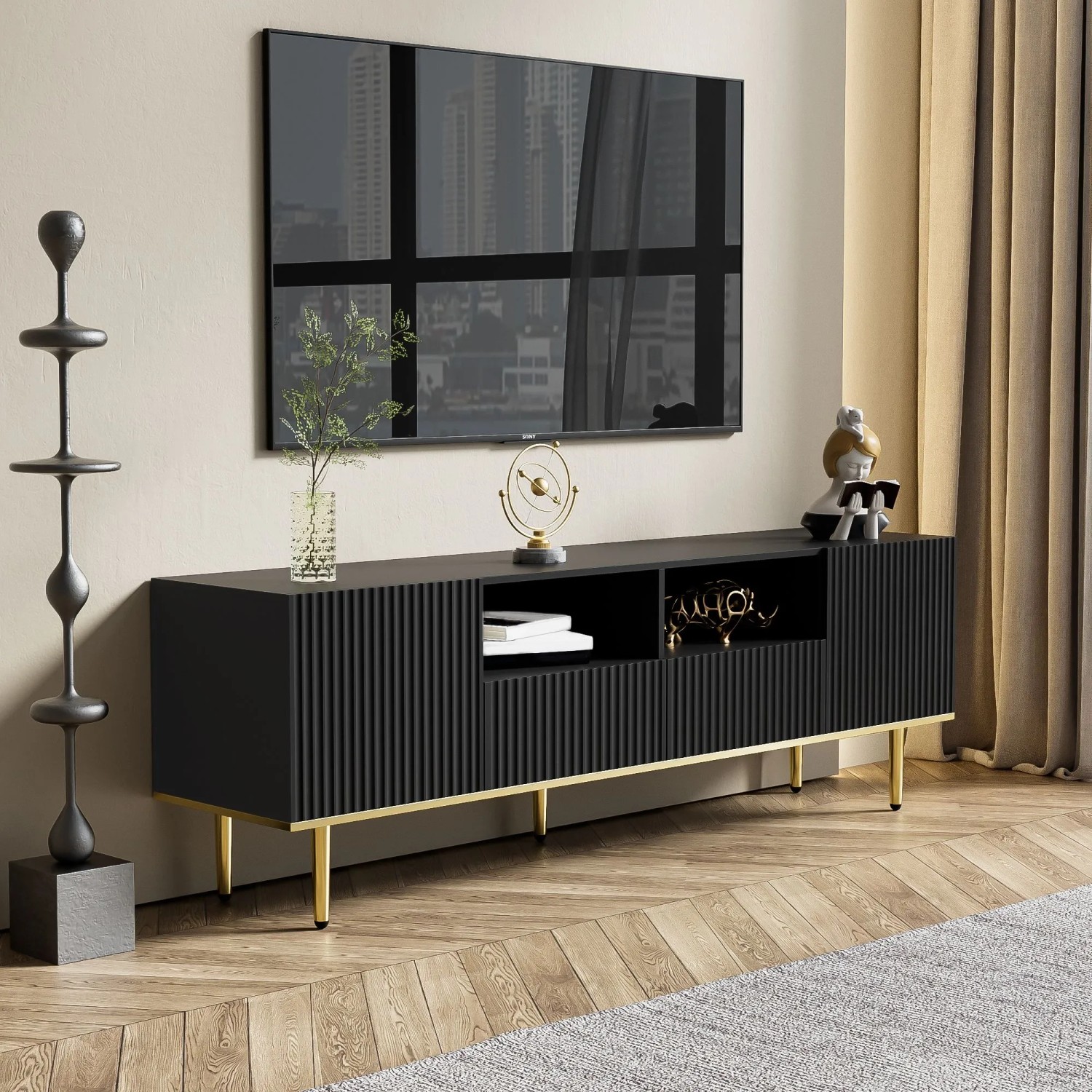 okwish TV Schrank mit Gold Füßen und Gold Rand für Wohnzimmer 165x36x55cm Schwarz_2