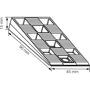 Brauner Keil, 90x45x15 mm, für Fenster-Zubehör, mit Sägezahnprofil für sichere Positionierung.