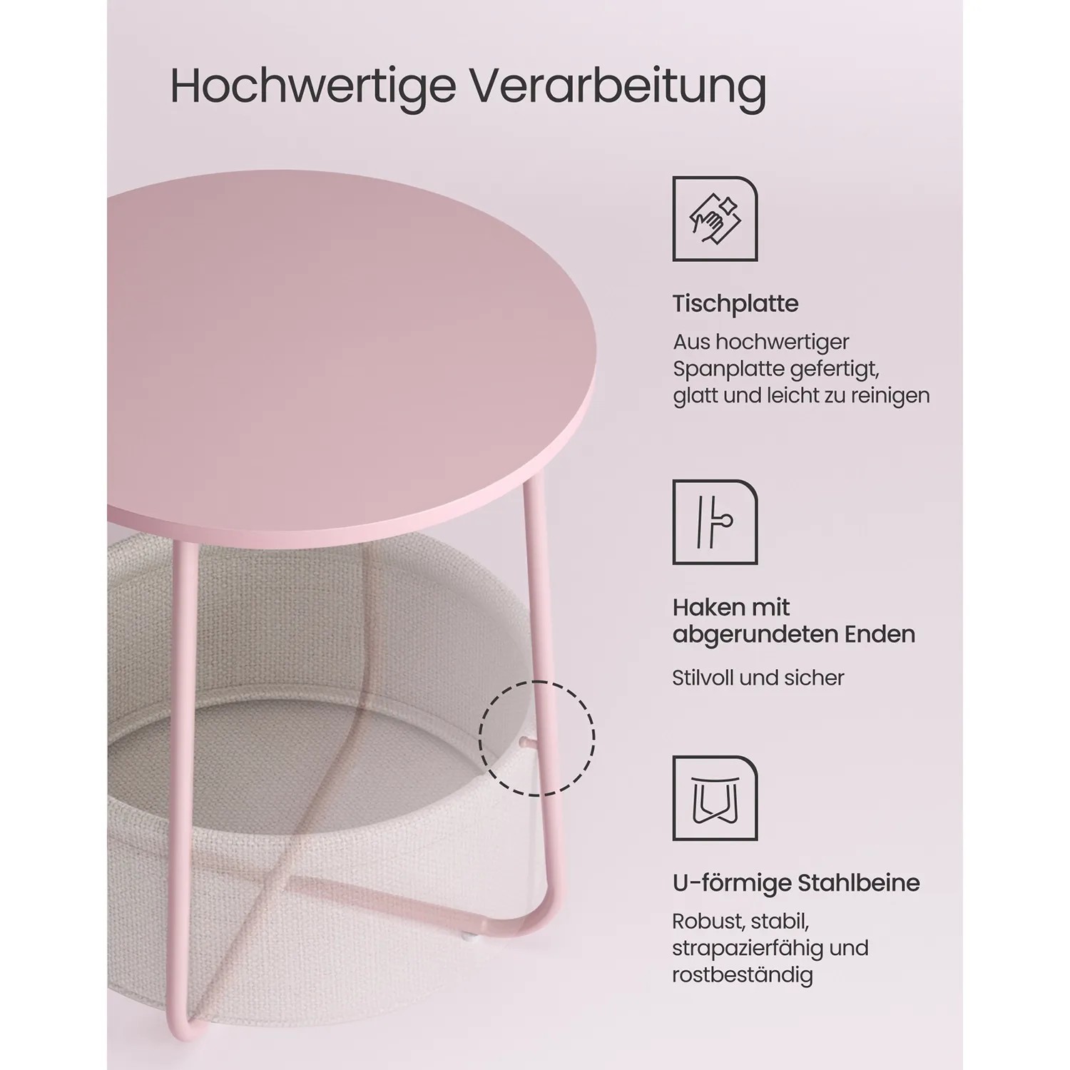 Rosa-weißer Vasagle Beistelltisch mit Stoffkorb, Ø 45x51 cm. Moderner Nachttisch für Wohn- und Schlafzimmer.