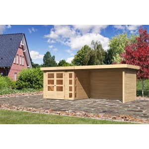 Karibu Holz-Gartenhaus Sölve, naturbelassen mit Flachdach und Anbau. Ideal als Gerätehaus oder Gartenlaube.