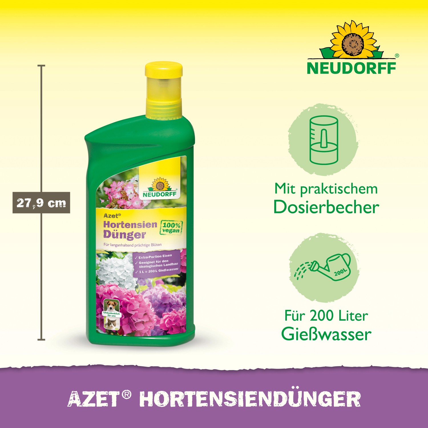 Neudorff Hortensien Dünger Azet 1 l Flasche für farbenfrohe Blüten.