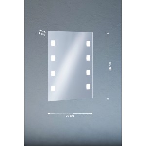 Silberner LED-Lichtspiegel (70x56 cm) von Fischer & Honsel mit warmweißem Licht und quadratischen Aussparungen.
