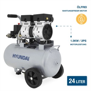 Grauer HYUNDAI Silent Kompressor SAC15024 mit 24L Tank, ölfrei, mobil mit Rädern und Griff.