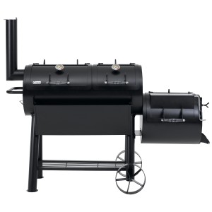 Schwarzer Tepro Smoker Indianapolis Holzkohlegrill mit zwei Kammern und Thermometern.