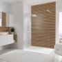 Schulte Duschrückwand DecoDesign Japandi Horizontal im Badezimmer mit Dusche und Waschtisch.