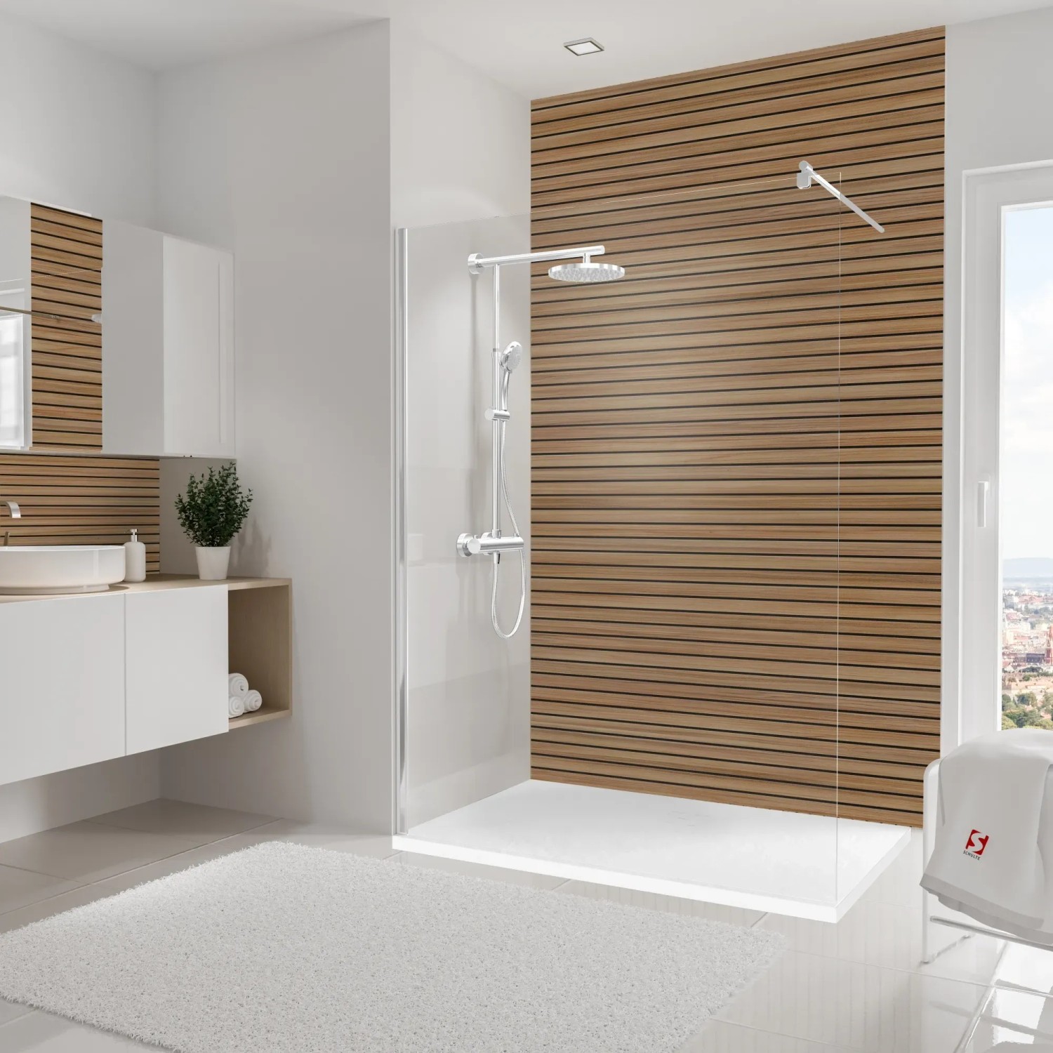 Schulte Duschrückwand DecoDesign Japandi Horizontal im Badezimmer mit Dusche und Waschtisch.
