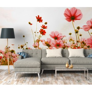 Fototapete Blumenwiese in Rosa, Rot und Weiß (3,50 m x 2,55 m) im Vintage-Stil.