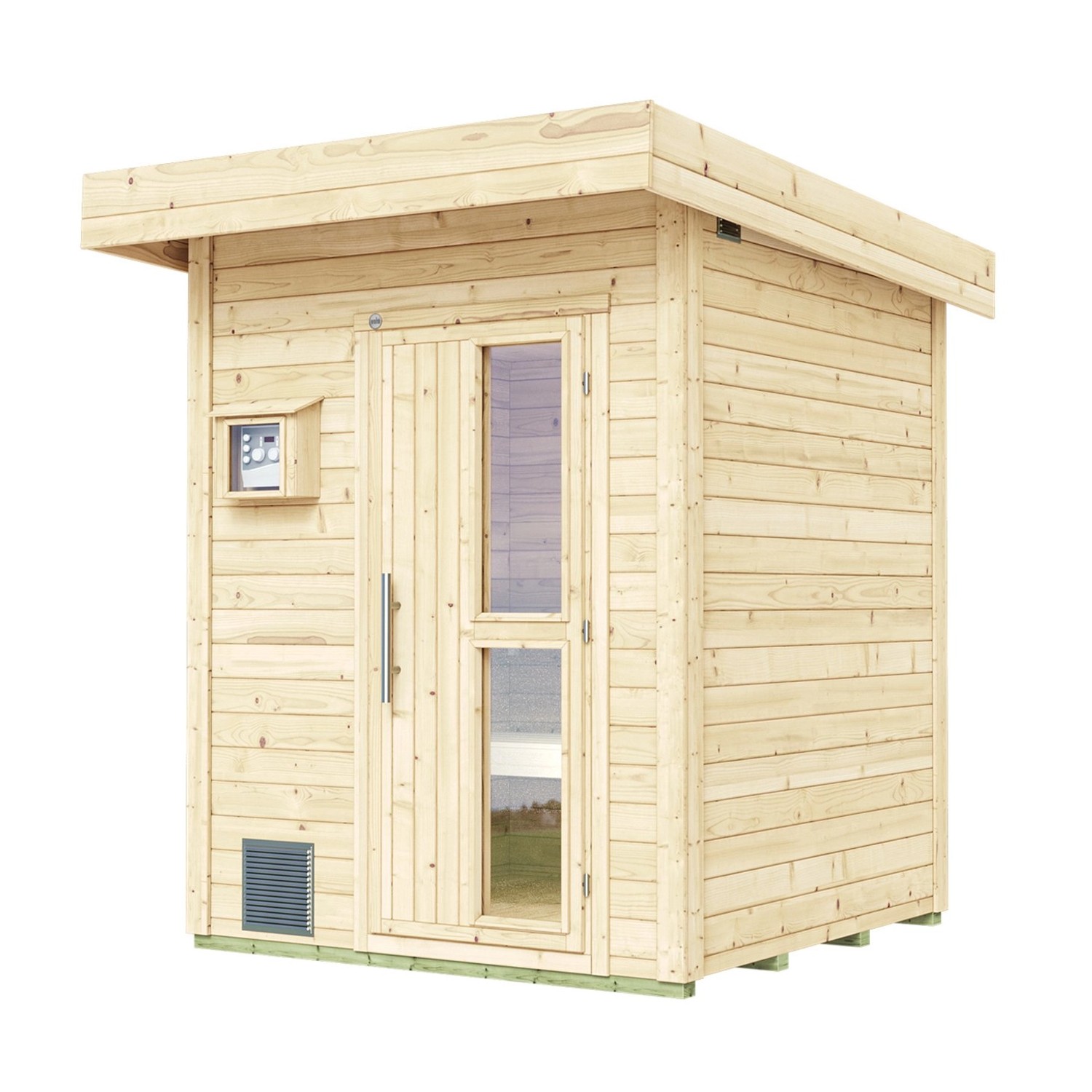 Weka Saunahaus Naantali Sparset mit 9 kW Ofen, naturbelassenem Holz und Glastür.