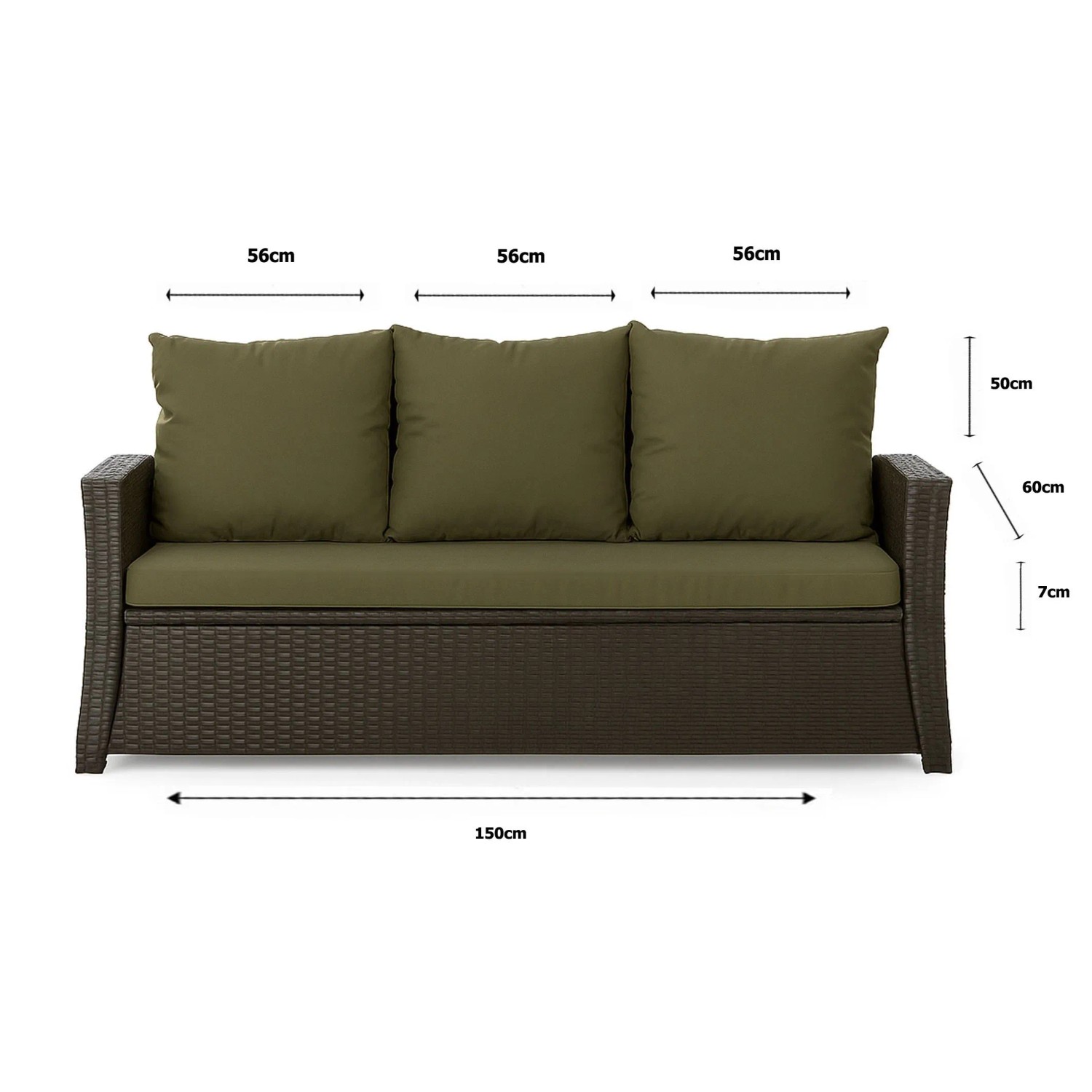 Grünes 1-tlg. Gartenkissen Set für 3-Sitzer Polyrattan Gartensofa, 150x60x50 cm.