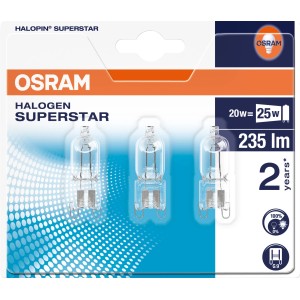 Osram Hochvolt-Halogenlampe G9, 20W, 3er Set. Warmweißes Licht für Innenräume.