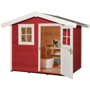 Schwedenrotes Holz-Gartenhaus mit Satteldach, Fenster und offener Doppeltür. Ideal als Gerätehaus oder Hobbyraum.