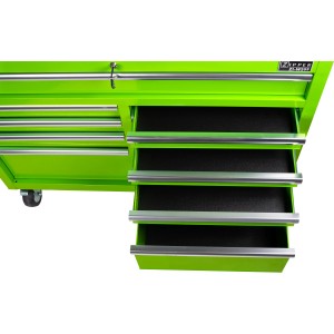 Grüner Zipper Werkstattwagen ZI-WS9F mit 9 Schubladen, teilweise geöffnet.