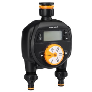 Fiskars Zeitschaltuhr mit 2 Ausgängen, schwarz-orange, für Sprinkler-Systeme.