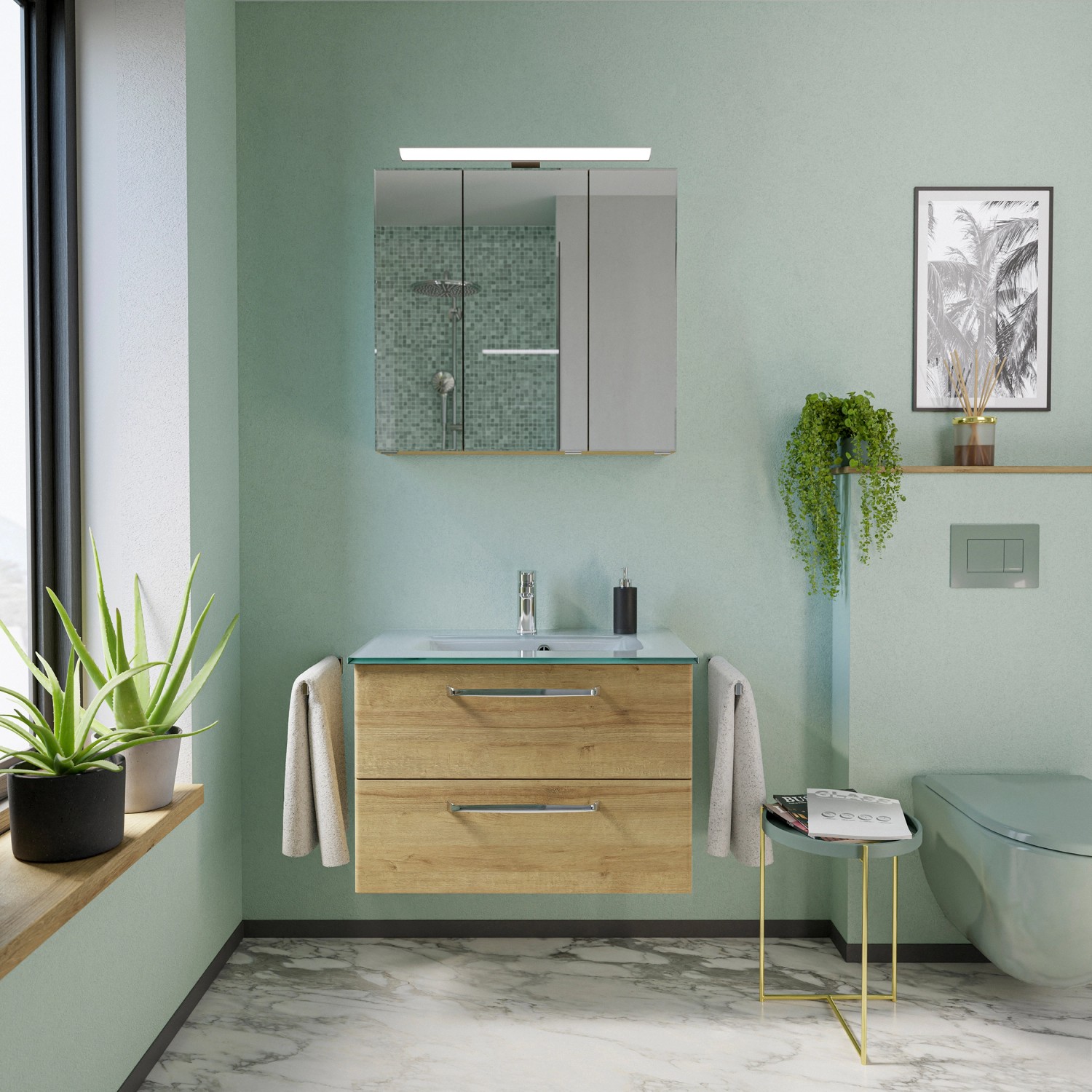 Pelipal Glas-Waschbecken Trentino, 77 cm, in modernem Badezimmer-Ambiente.